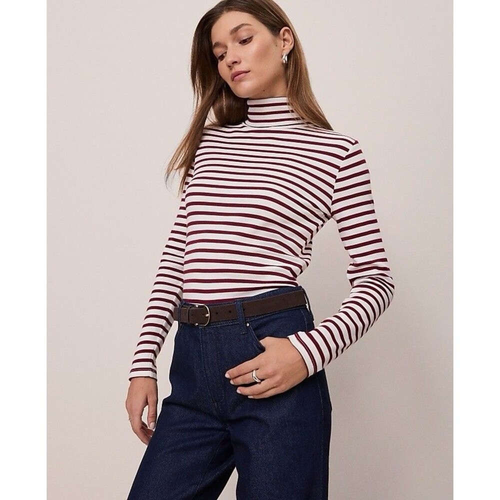 NWT Ann Taylor Weekend Maroon/White Striped Women's Turtleneck Top, Sz. M
